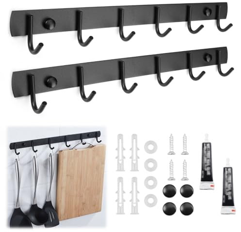 2 Stuck Hakenleiste Küche Edelstahl Schwarz Hakenleiste Garderobe Mit 6 Haken, 32cm Kleiderhaken Hakenleiste Selbstklebend, Wandhakenleiste Mehrzweckhaken für Küche Schlafzimmer Wohnzimmer Bad Tür