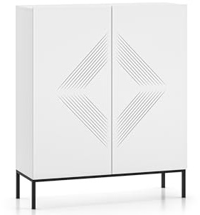 Konsimo Kommode NEBRO 100x120x37 cm - Modern Kommode mit Regale - Elegant Sideboard auf hohen Beinen fur Wohnzimmer und Schlafzimmer - Weiß/Schwarz