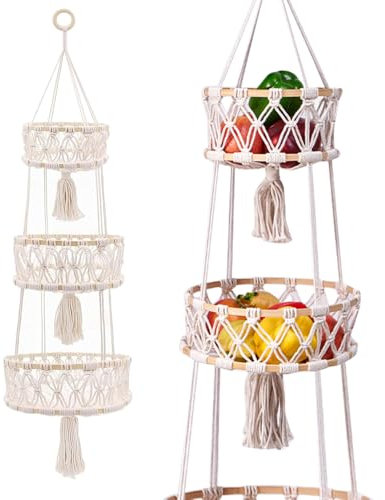 YANGUN 3 Stöckiger Obstkorb Hängend, hängender obstkorb boho, Obst Hängekorb, obstkorb wand hängend, Wandkörbe Hängende Obstkörbe Für Küche Wohnzimmer Badezimmer Schlafzimmer, 110 cm (Beige)
