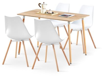 LafeuR Esszimmergruppe Esstisch mit 4 Stühle Essgruppe, 110cm Rechteckig Küchentisch und 4er Set Esszimmerstühle für Küche Esszimmer Wohnzimmer (Eiche Tisch+4 Weiß Stühlen)