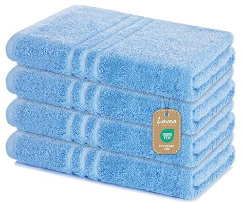 Lavea Lot de 4 Serviettes de Douche - 70 x 140 cm - 100% Coton - Serviettes éponge Douces et absorbantes - 500 g/m² - Uni et Bicolore - Certifié Öko-Tex - Lavable jusqu'à 60 °C - Bleu Dauphin
