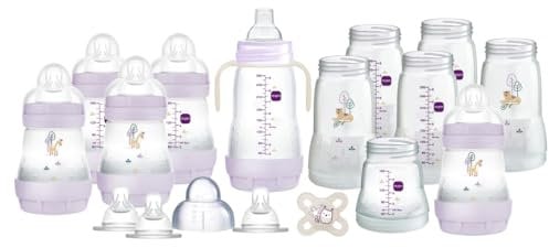 MAM Easy Start Anti-Colic Bottle Starter Set | 17 Pieces | Includes 6X Bottles and MAM Original Start 0-2 Month Soother | Baby Gift Set of Newborn Essentials | Large | Lilac (Various Designs)