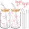 TELAIN Juego de 2 vasos de lazo de 16 oz, vasos de vidrio rosa con tapas y pajitas, protección de tapas, 2 cepillos de limpieza para bebidas, café, té, cóctel (Lazo)