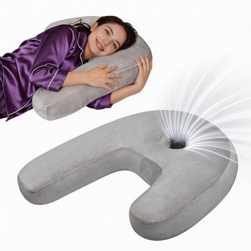 Nockovi J-förmiges Ohr-Piercing-Kissen, 10,2 cm großes Loch, ergonomisch | Abnehmbar/waschbar, 50,8 x 66 cm, für Seitenschlaf, Nacken- und Schulterkontur, atmungsaktiv, CNH-Entlastung