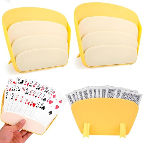 CALLYSONIC 2 Stück Spielkartenhalter, Plastik Kartenhalter Spielkarten, Faltbarer 3-Etagen Card Holder für Kinder, Erwachsene, Senioren (Gelb-1)