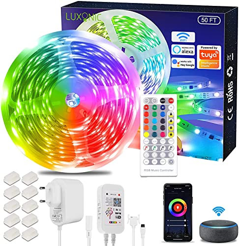 LUXONIC - Tira LED RGB 15M, Sincronizar con ritmo de música, diadema led para dormitorio, bar, cocina, boda, fiesta
