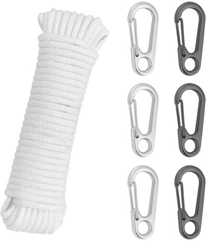 Flag Pole Rope – 16M Heavy Duty Nylon Flagpole Rope with 6 Clips, Double Braided White Halyard Line for Garden Flagpoles, Sailboat, Camping, Outdoor Use, Strong Weather-Resistant Flag Pole Rope Kit