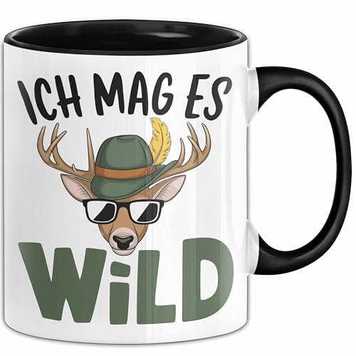 Hirschjäger Jagd Tasse Geschenk Ich mag’s wild Spruch (Schwarz)