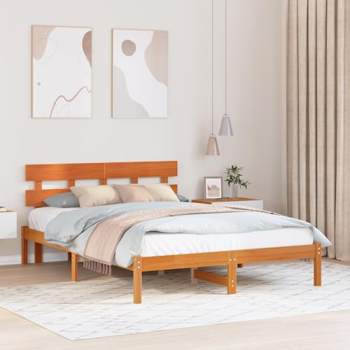 vidaXL Bettgestell mit Kopfteil Wachsbrown 140X200 cm Massivholz Kiefer für rustikales Schlafzimmer langlebig einfache Montage kein Boxspring nötig. Plattform Erwachsene 140 200 stabil