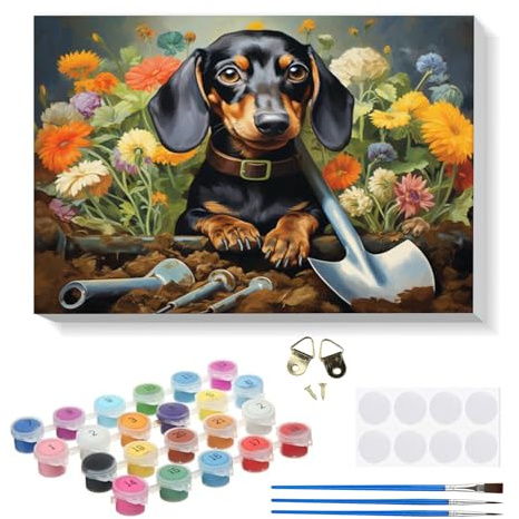 RICUVED Chien Fleur Peinture Numero Adulte,Animaux Kits de Peinture au Numéro avec pinceaux Peinture de Dessin de Pigment Acrylique, Paint by Numbers avec Cadre pour Décoration 20x30cm