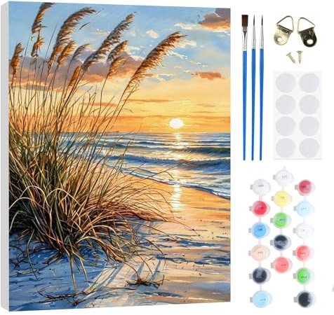 RICUVED Playa Pintar por Numeros Adultos Mujer con Marco,Paisaje DIY Cuadros para Pintar por Numeros con Caballete de Madera, Pintura Acrilica Manualidades Adultos Decoracion 20x30cm