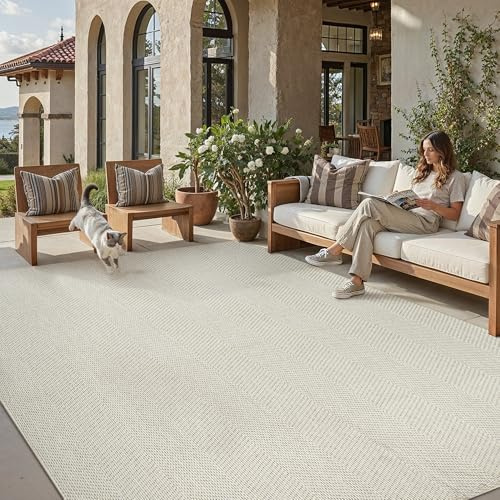 PureCozy Outdoor Teppich Wohnzimmer 200x300cm Outdoorteppich Wetterfest Balkon Beige Teppiche Jute Optik rutschfest Waschbarer Indoor Groß Carpet Garten Esszimmer Terrassen BüRo Rug