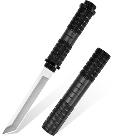 bhkz §42a konform Outdoor Messer Schwarz – 11,3 cm Tanto-Klinge aus 5Cr13 Stahl – Survivalmesser mit Aluminium-Scheide & Schraubverschluss – Rostfreies Gürtelmesser für Camping & Bushcraft
