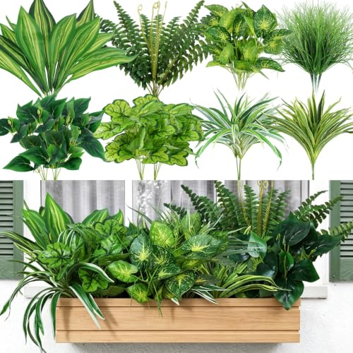 ADORAMOUR 18 Piezas Plantas Artificiales Exterior - 8 Variedades Resistente | a los UV Plantas Tropicales Falsas Tallos Arbustos Helechos Follaje Decorativo para Interior Exterior Patio Jardín Ventana