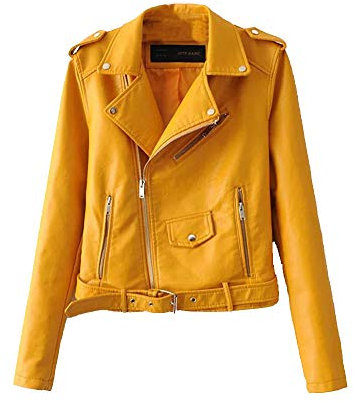 Giubbotto di Similpelle Chiodo Donna Giacca da Motociclista Pu Pelle Cappotto Zip Sottile Giallo XL