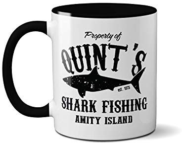 Property of Quints Shark Fishing Mug - Ceramic Movie TV Coffee Hot Drinks Mug Present Gift (Black Handle)
