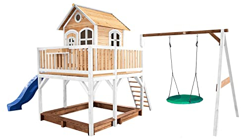 AXI Spielhaus Liam mit Sandkasten, Nestschaukel & Blauer Rutsche | Stelzenhaus XXL in Braun & Weiß aus FSC Holz für Kinder | Spielturm mit Wellenrutsche & Schaukel für den Garten
