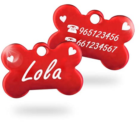Ibera Gifts - Chapa Perro Grabada en Forma de Hueso, Placa Personalizada para Perros y Gatos Muy Pequeños o Cachorros, Tamaño 22 x 15 mm, Chapa Identificativa (Corazones - Rojo)