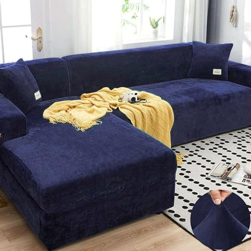LINGKY Velvet Plüsch Schonbezug Sofa, rutschfeste Stretch Sofabezug Schonbezug Soft Thick Sofa Protector Für L-förmige Schnittcouch (Navy blau,3 Seater(190-230cm))
