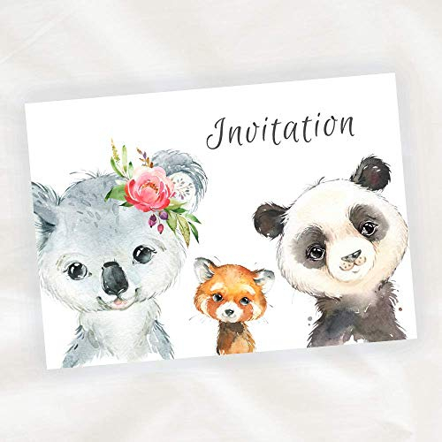Naïris Bijoux - Set mit 8 Einladungskarten zum Geburtstag für Kinder – Unisex Mädchen oder Jungen – Tiere aus Asien und Australien aus Aquarell – Koala und Panda