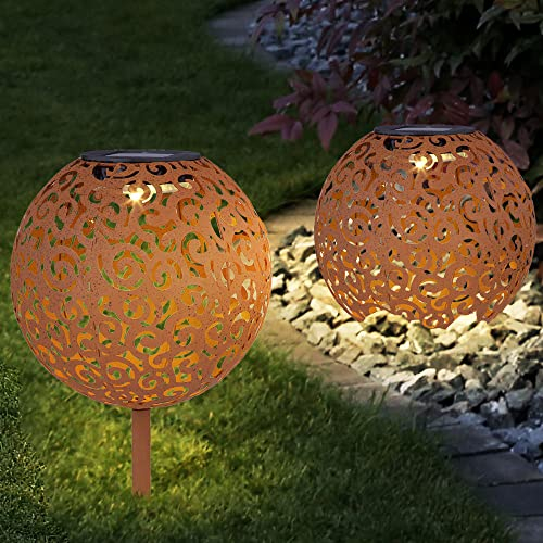 etc-shop Solarleuchte rost Solarlampe für Außen Kugel Solar Garten Deko Erdspieß, mit orientalischem Lichteffekt, Metall, 1x LED warmweiß, DxH 18x52,5 cm