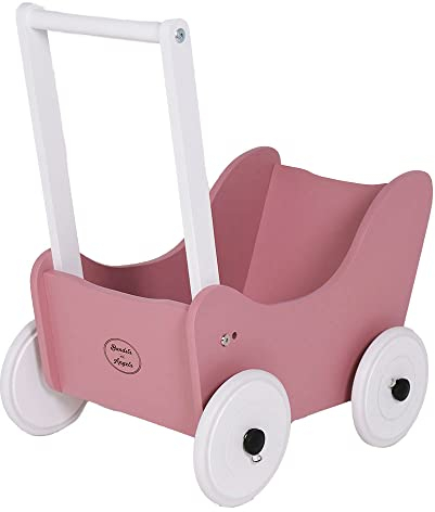 Bandits & Angels Puppenwagen Little Angel Pink ab 1 Jahr für Mädchen – Puppenwagen aus Holz – Für Puppen bis 42 cm – Gummiräder