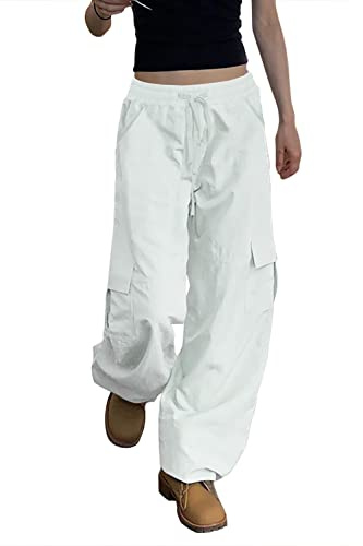 SESERAGI Parachute Pants Cargo Pants Women Baggy Streetwear Y2K Drawstring Trousers Wide Leg Pants, Baggy White, XXL