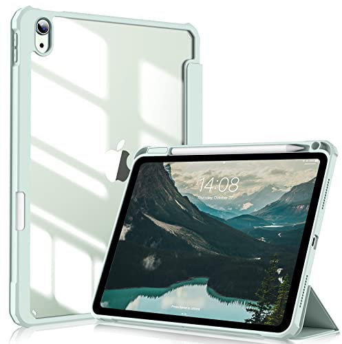 ZOYU Case for iPad Air 11 Inch M3 (2025) / M2 (2024), iPad Air 5th/4th Generation 10.9 Inch (2022/2020) with Pencil Holder, Slim Stand Smart Cover with Clear Back Shell, Auto Sleep/Wake, Green