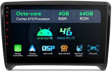 XTRONS Octa-Core Car Stereo Android 13 Auto Radio Player 9 IPS HD GPS Navigation 4GB 64GB ROM Upgrade DSP Global 4G LTE Bluetooth CarPlay Android Auto Support AHD Cam DVR TPMS DAB+ for Audi TT Mk2 8J