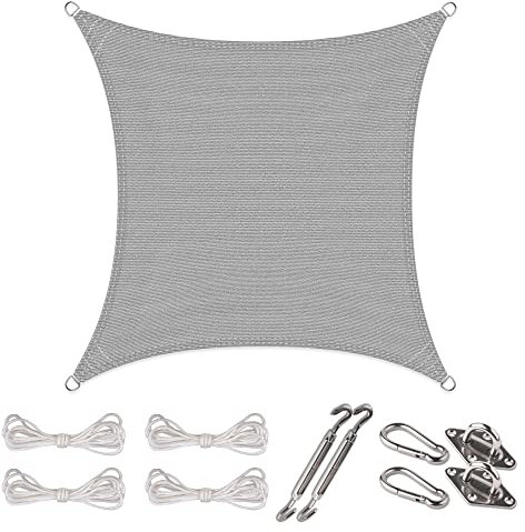 CelinaSun Sonnensegel Set Befestigung V2A Basic HDPE Quadrat 4 x 4 m hellgrau Sonnenschutz atmungsaktiv