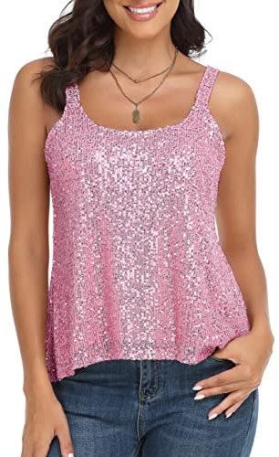 kayamiya Canottiera da donna con paillettes luccicanti e glitter per feste, gilet fluido, top elegante, Rosa, XL