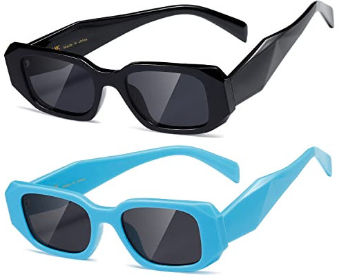 kimorn Rechteck Sonnenbrille für Frauen Männer Trendy Retro Trendy Sonnenbrille 90's Vintage Square Frame (Schwarz+Graue Linse mit blauem Rahmen)
