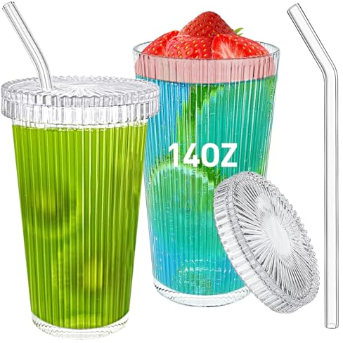 zhongko 2 Pcs 375ML Ribbed Clear Glass Cups, Iced Coffee Cup with Lids and Straws Drinking Glassware Tumblers Set Ribbed Drinking Glasses Smoothie Cup Water Glass As Gift