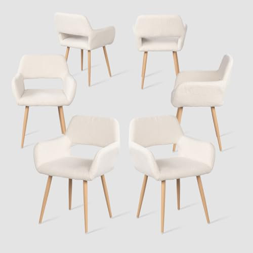 MEUBLE COSY Lot de 6 Chaises de Salle à Manger Scandinave Fauteuil Assise rembourrée en Sherpa Pieds en métal pour Cuisine Salon Chambre Bureau, Beige, 56x56x78cm