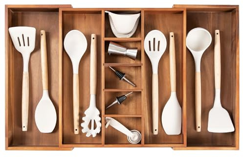 KitchenEdge Verstellbarer Schubladen-Organizer für Küchenutensilien und Krimskrams, ausziehbar von 40 bis 71 cm Breite, 9 Fächer, lebensmittelecht mit edlem Akazienholz-Finish