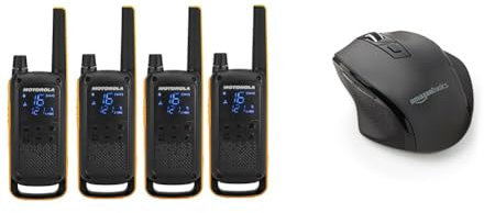 Motorola Talkabout T82 Extreme Quad PMR Funkgerät (Bis zu 10 km Reichweite, IPx4 Wetterschutz, 500 mW, VOX) & Amazon Basics Ergonomische kabellose USB Maus - DPI einstellbar - Schwarz