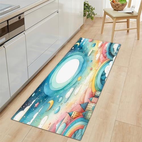 Küchenläufer Cartoon Regenbogen Schloss Sterne Motiv Teppich Läufer 50x140cm, rutschfest Pflegeleicht Multi Teppich Läufer für Küche, Flur, Eingangsbereich, Esszimmer