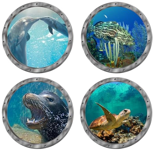 AIBAOBAO 4 Stück 3D Wandtattoo Unterwasserwelt, Wandsticker Badezimmer Bilder, Meerestiere Sticker, Bullauge Deko, für Kinderzimmer Schlafzimmer Wohnzimmer Bad Wanddeko, 29×29CM, (Siegel)