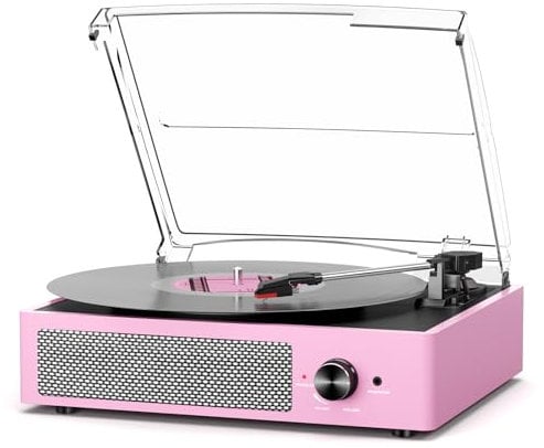 Giradischi Bluetooth Portatile a Tre Velocità (33 1/3, 45 E 78 Giri), Vintage Vinile Giradischi con Altoparlanti Stereo Integrati, Supporta uscita RCA/Jack per cuffie Rosa