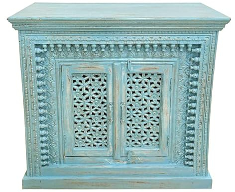 Sideboard Rena Indische Kommode aus Mangoholz mit aufwendiger Schnitzerei Orientale Einrichtung Holz Blau Türkis 100 cm