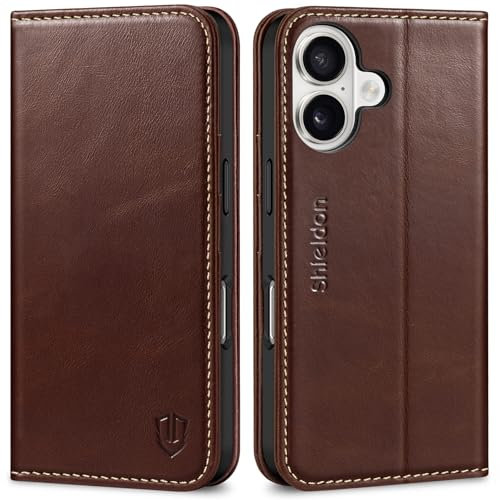 SHIELDON Case for iPhone 16 5G, Genuine Leather Wallet Folio with [Card Slots][Magnetic Closure][RFID Blocking][Book Style] Shock Absorbing Phone Case Compatible with iPhone 16 6.1 - Retro Coffee