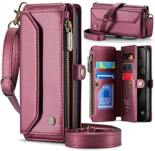 Unichthy For iPhone 16 Pro Max Case for Women with Crossbody Strap + Wrist Strap Shockproof Premium Leather Flip Wallet Handbag Zip Purse 5 Card Slots Clutch Bag for iPhone 16 Pro Max Claret