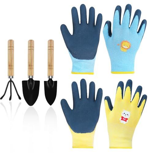 Mulaibdin 2 Paires Gants Jardinage Enfant, Gants de Travail latex, Gant Jardinage Anti Epine avec 3 Outillage de Jardin pour Enfants, Gants Jardinage Ronces pour Fille & Garcon (5-9 Ans B)