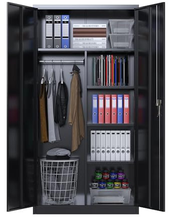 SUPEER Metall Spind Schrank, Mehrzweckschrank, Garderobenschrank mit Kleiderstange, Haushaltsschrank mit 6 Fächern, Aktenschrank Abschließbar, Ink. Einlegeböden,180x80x40cm (Schwarz)