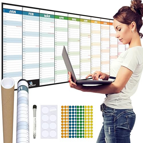 Jahresplaner 2025 Wandkalender laminiert, abwischbar, gerollt ohne Falten (118 x 42cm), Wandkalender & Jahreskalender groß dickes Papier von Glacient