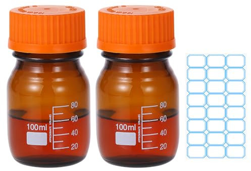 PATIKIL 2 Pack Reagent Media Storage Bottles, 100ml Borosilicate Glass Graduated Round Bottles with Orange GL32 Screw Cap and 24 Pcs Labels for Lab Water Reagent Liquids, Amber