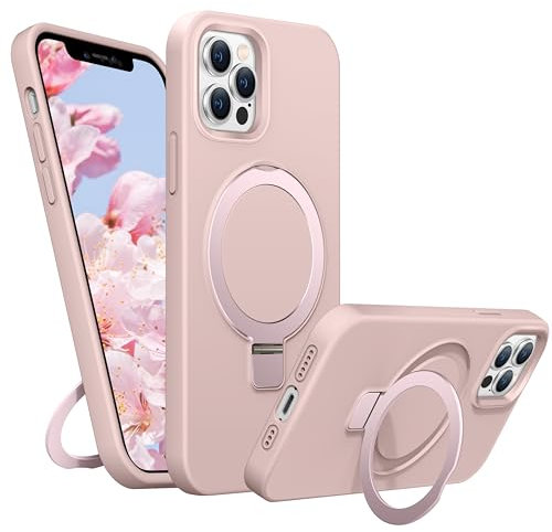 BENTIACC Liquid Silicone Case for iPhone 13 pro, Magnetic Rugged Stand Ring, 4-Layer Shockproof Protective Case, Soft Microfibre Lining Scratch Resistant Protective Case for iPhone 13 pro (Pink)