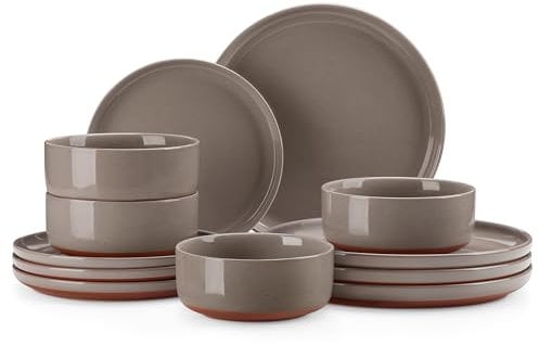 MALACASA Plates and Bowls Sets, 12 Pieces Modern Stoneware Dinnerware Set for 4 Kitchen Dinner Set Ceramic Dishware Dishes Set Microwave and Dishwasher Safe, Brown, Series TARA