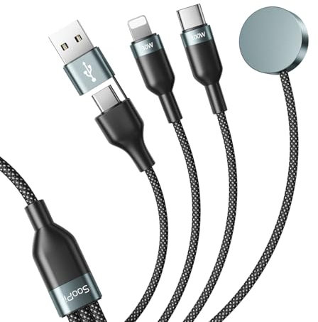 SooPii Câble USB-C 3 en 2 pour Apple Watch, 100W Charge Rapide Multiple,Compatible avec iPhone 16 et Galaxy S24,1.2m
