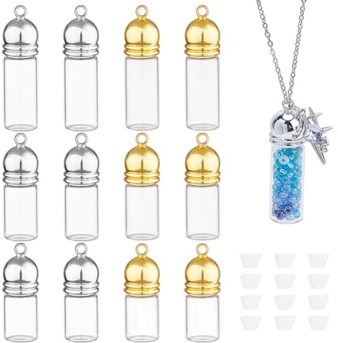 NBEADS 12Pcs Clear Glass Bottle Necklace, 4 Sizes Vial Pendant Openable Perfume Bottle Necklace Glass Vial Pendant Glass Container Necklace for Pendant Arts Crafts Wedding Party Favors